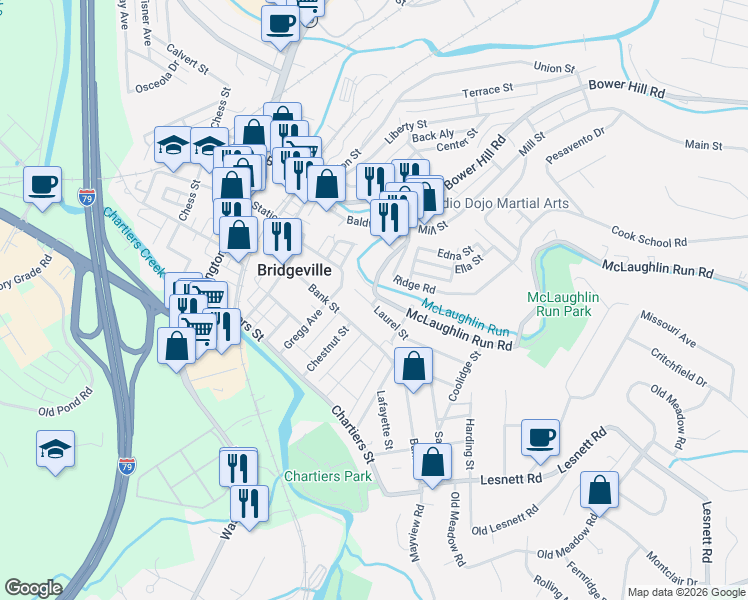 map of restaurants, bars, coffee shops, grocery stores, and more near 924 Laurel Street in Bridgeville