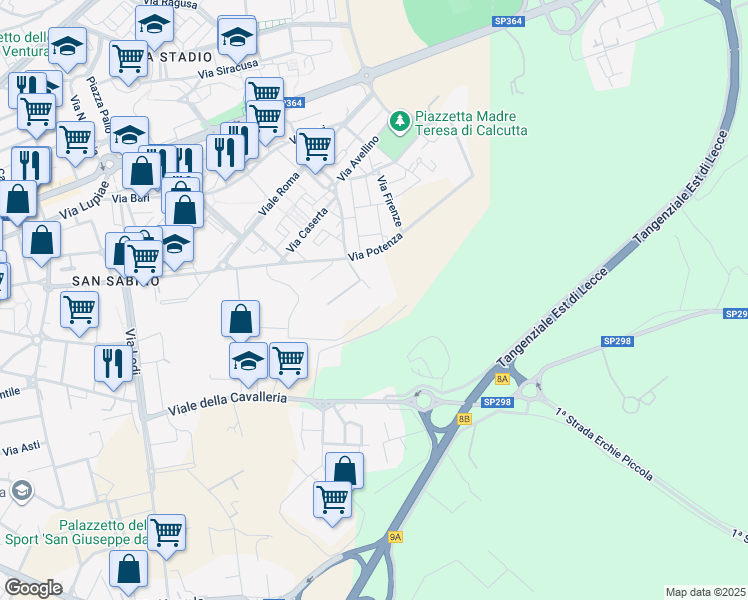 map of restaurants, bars, coffee shops, grocery stores, and more near 45 Via Varese in Provincia di Lecce