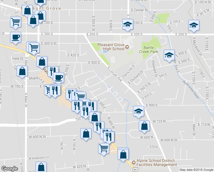 map of restaurants, bars, coffee shops, grocery stores, and more near 715 Apple Grove Lane in Pleasant Grove