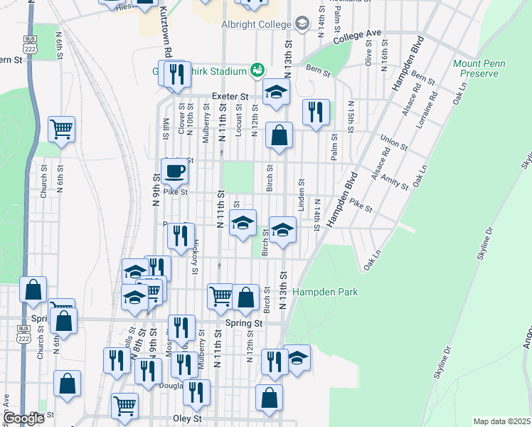 map of restaurants, bars, coffee shops, grocery stores, and more near 1318 Birch Street in Reading