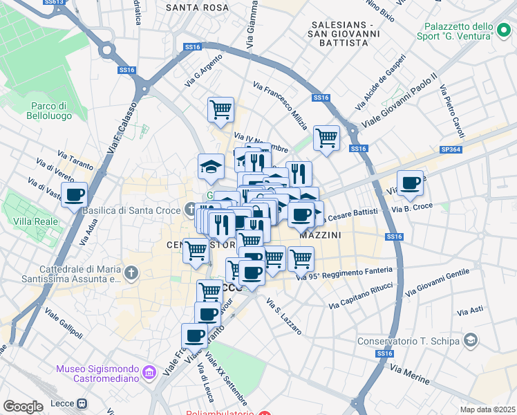 map of restaurants, bars, coffee shops, grocery stores, and more near 21 Via Romano Liborio in Lecce