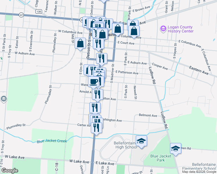 map of restaurants, bars, coffee shops, grocery stores, and more near 541 South Madriver Street in Bellefontaine