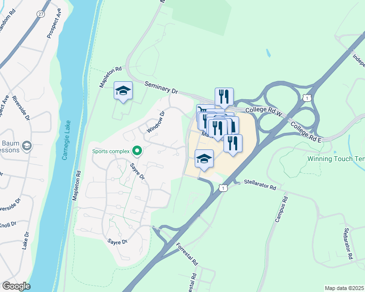 map of restaurants, bars, coffee shops, grocery stores, and more near 2026 Windrow Drive in Princeton