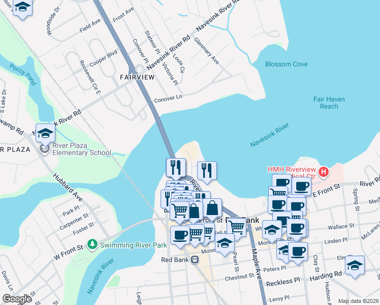 map of restaurants, bars, coffee shops, grocery stores, and more near 130 Bodman Place in Red Bank