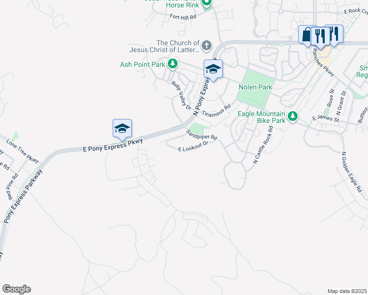 map of restaurants, bars, coffee shops, grocery stores, and more near 2917 East Lookout Drive in Eagle Mountain
