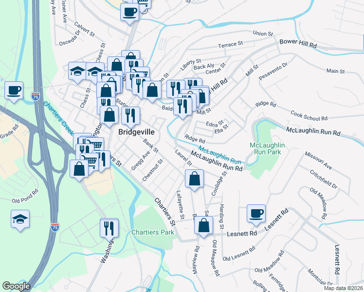 map of restaurants, bars, coffee shops, grocery stores, and more near 859 McLaughlin Run Road in Bridgeville