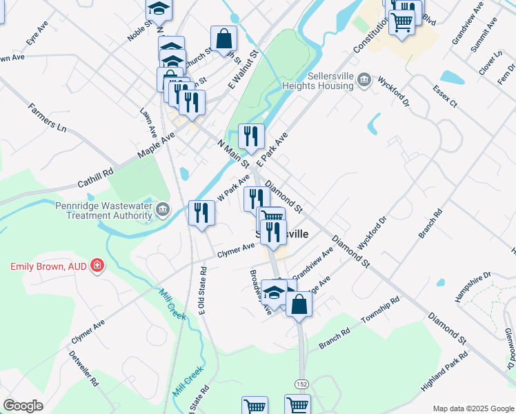 map of restaurants, bars, coffee shops, grocery stores, and more near 162 South Main Street in Sellersville