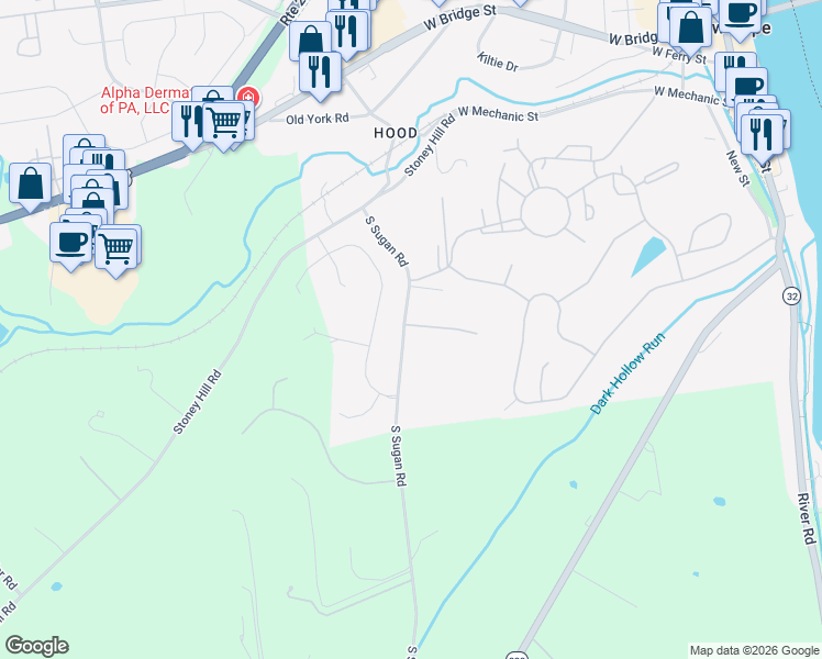 map of restaurants, bars, coffee shops, grocery stores, and more near 218 South Sugan Road in New Hope