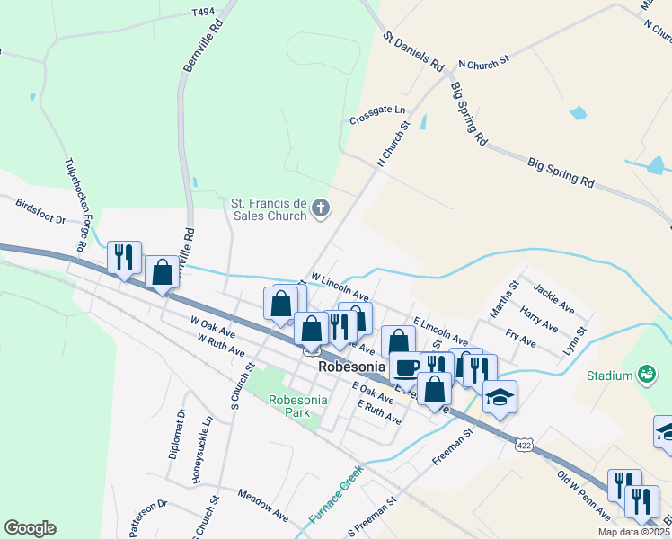 map of restaurants, bars, coffee shops, grocery stores, and more near 221 North Church Street in Robesonia