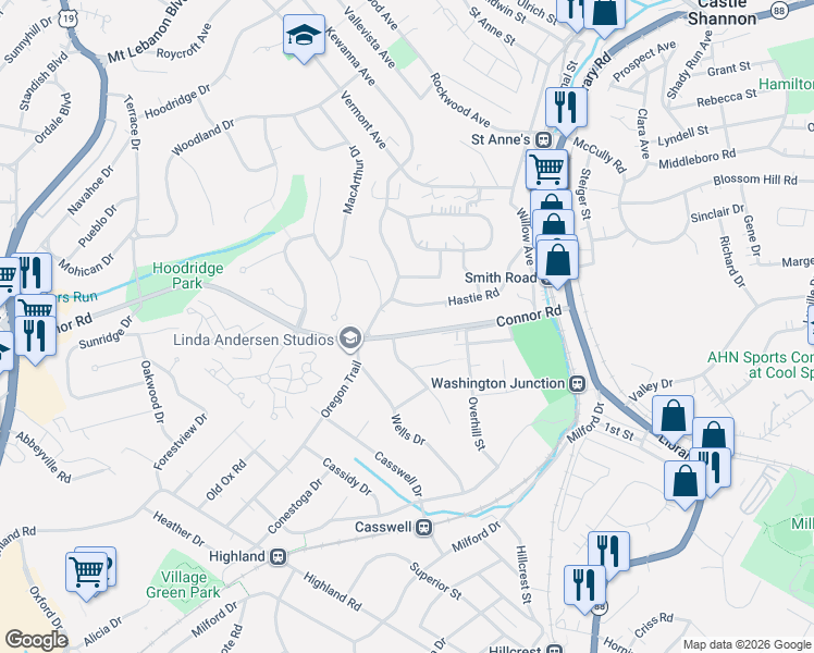 map of restaurants, bars, coffee shops, grocery stores, and more near 1013 Hastie Road in Pittsburgh