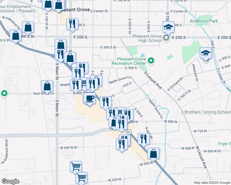 map of restaurants, bars, coffee shops, grocery stores, and more near 435 East 790 South in Pleasant Grove