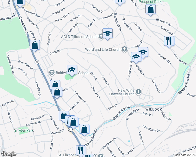 map of restaurants, bars, coffee shops, grocery stores, and more near 5008 Leona Drive in Pittsburgh