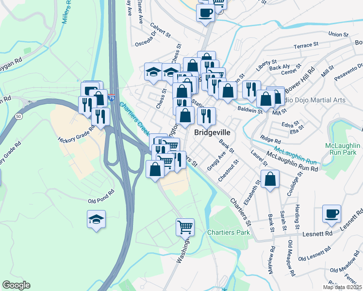 map of restaurants, bars, coffee shops, grocery stores, and more near 417 Chartiers Street in Bridgeville