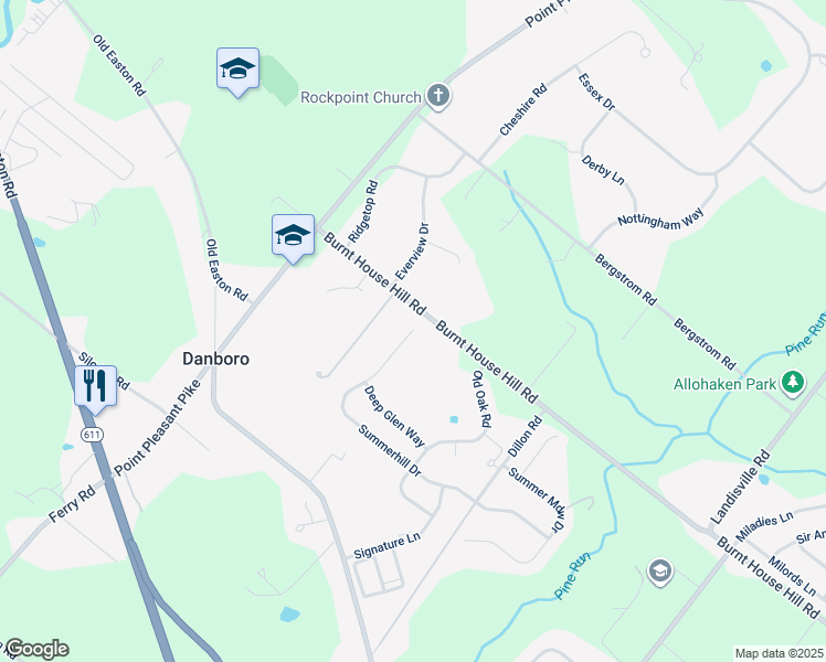 map of restaurants, bars, coffee shops, grocery stores, and more near 4608 Summerhill Drive in Doylestown