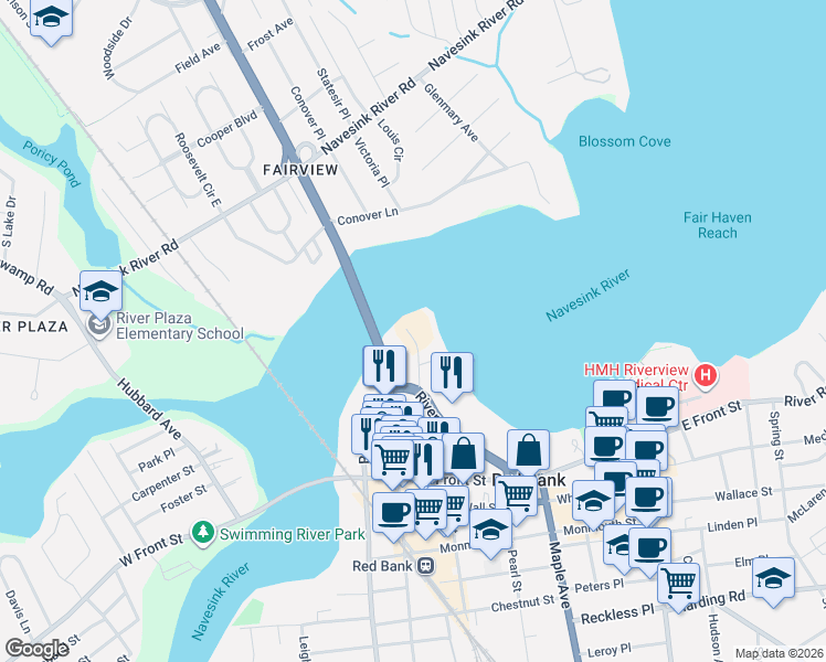 map of restaurants, bars, coffee shops, grocery stores, and more near 138 Bodman Place in Red Bank