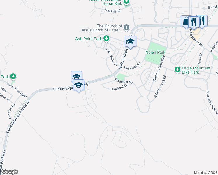 map of restaurants, bars, coffee shops, grocery stores, and more near 2885 East Lookout Drive in Eagle Mountain