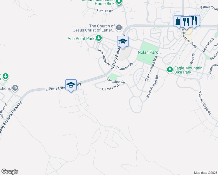 map of restaurants, bars, coffee shops, grocery stores, and more near 2952 Sandpiper Road in Eagle Mountain