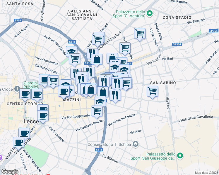 map of restaurants, bars, coffee shops, grocery stores, and more near 10 Via Lupiae in Lecce