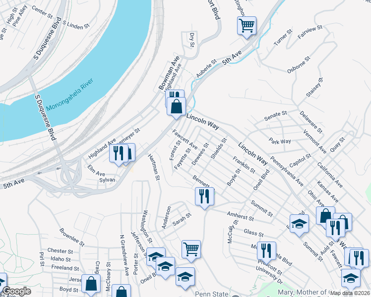 map of restaurants, bars, coffee shops, grocery stores, and more near 607 Fawcett Avenue in McKeesport
