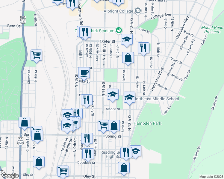 map of restaurants, bars, coffee shops, grocery stores, and more near 6 Pike Street in Reading