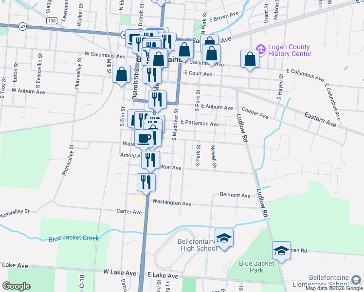 map of restaurants, bars, coffee shops, grocery stores, and more near 225 East Spring Avenue in Bellefontaine