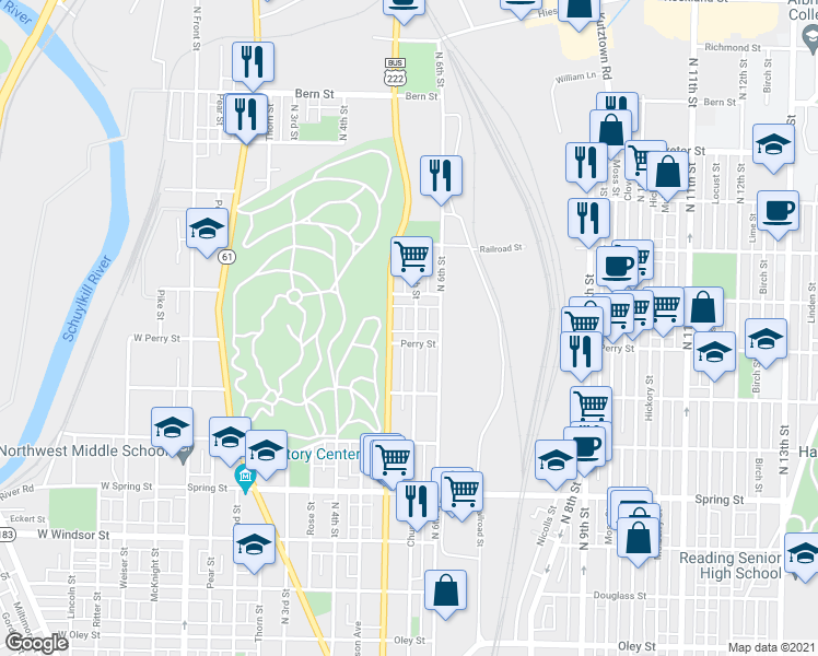 map of restaurants, bars, coffee shops, grocery stores, and more near 1333 North 5th Street in Reading