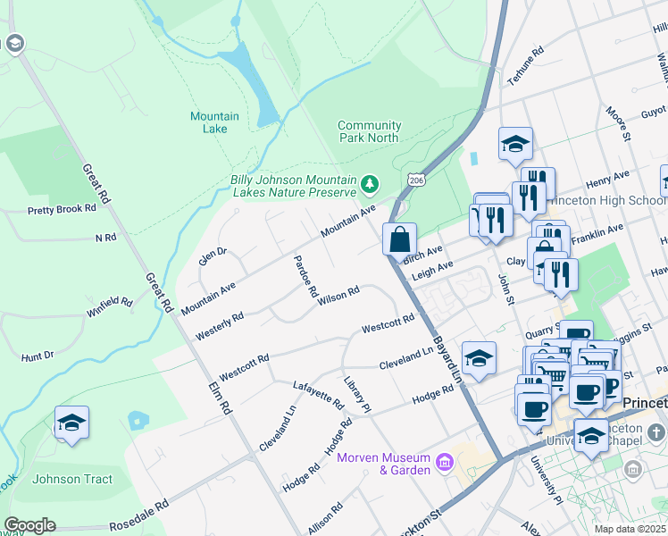 map of restaurants, bars, coffee shops, grocery stores, and more near 68 Morgan Place in Princeton