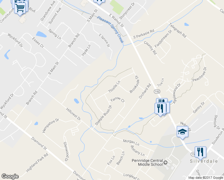 map of restaurants, bars, coffee shops, grocery stores, and more near 318 Thistle Lane in Perkasie