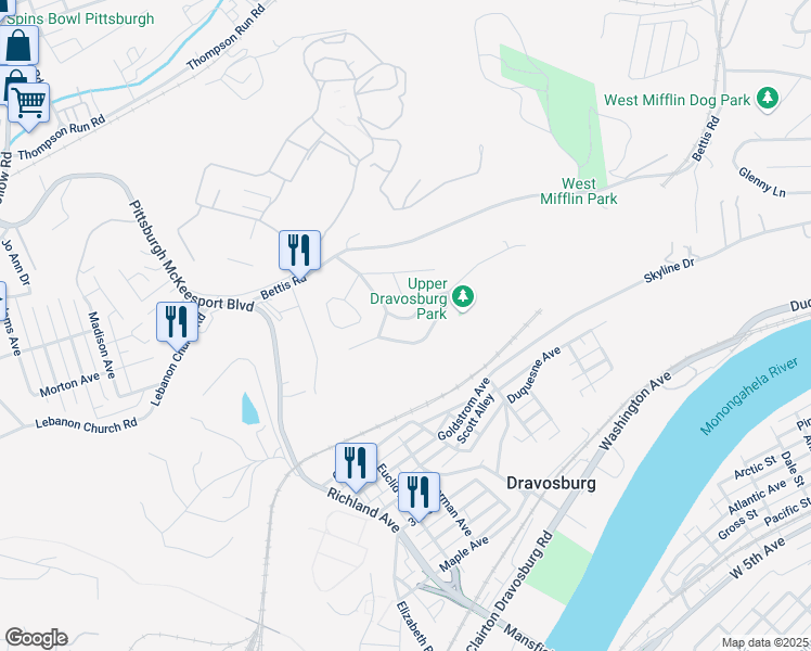 map of restaurants, bars, coffee shops, grocery stores, and more near 507 Ridgeview Drive in Dravosburg