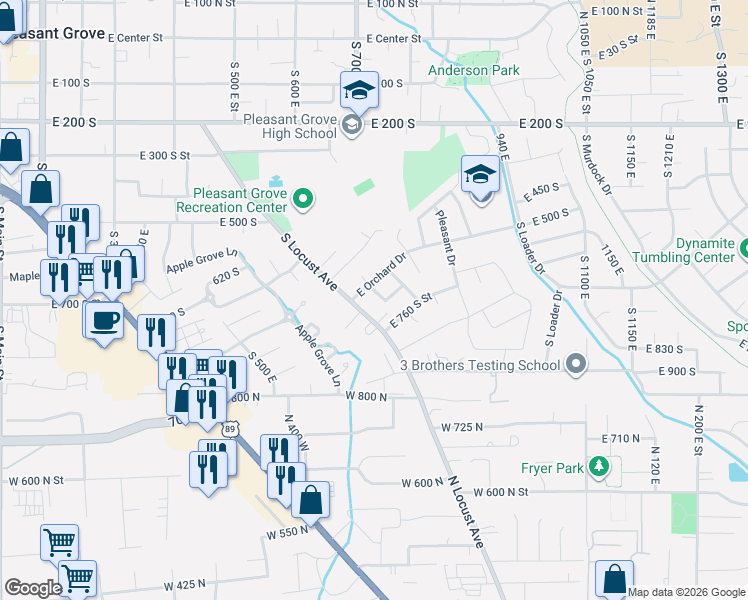 map of restaurants, bars, coffee shops, grocery stores, and more near 692 South Juniper Avenue in Pleasant Grove