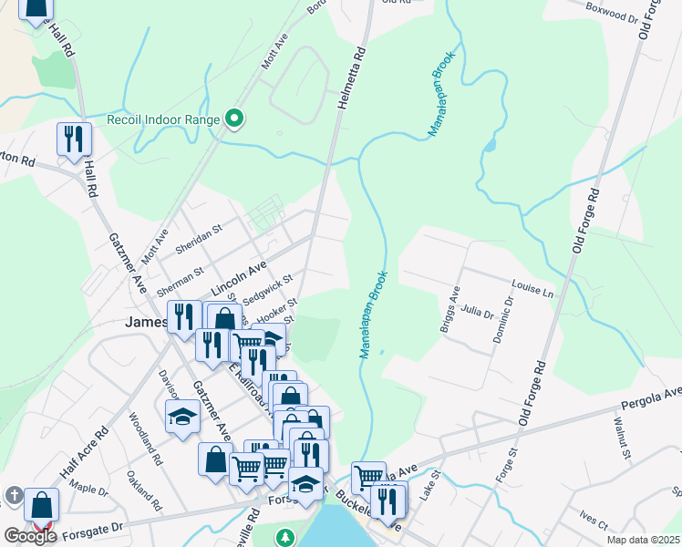 map of restaurants, bars, coffee shops, grocery stores, and more near 54 East Sedwick Street in Monroe Township