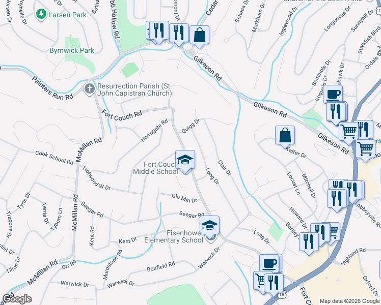 map of restaurants, bars, coffee shops, grocery stores, and more near 521 Long Drive in Pittsburgh