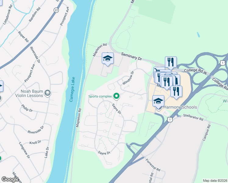 map of restaurants, bars, coffee shops, grocery stores, and more near 47 Hedge Row Road in Princeton