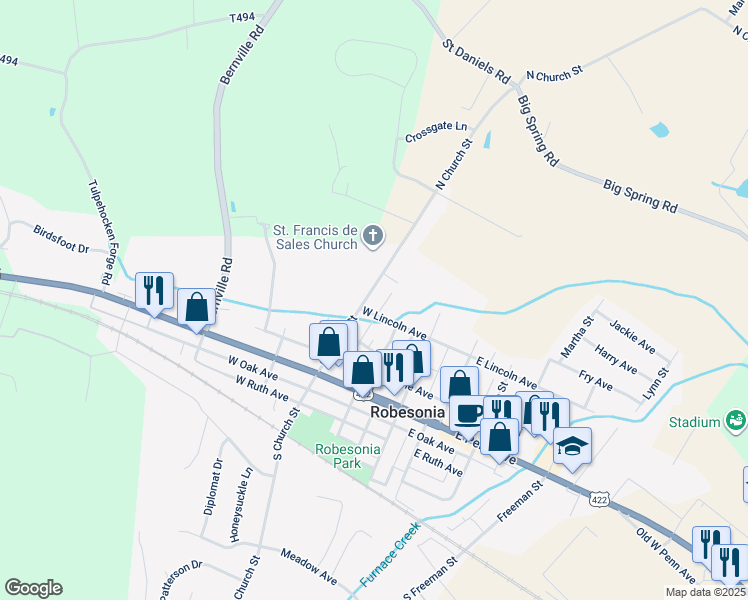 map of restaurants, bars, coffee shops, grocery stores, and more near 215 North Church Street in Robesonia