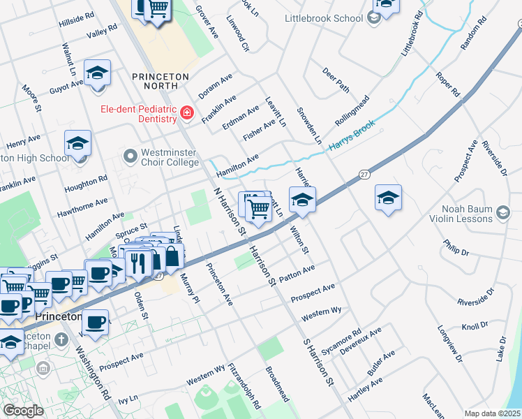 map of restaurants, bars, coffee shops, grocery stores, and more near 44 Scott Lane in Princeton