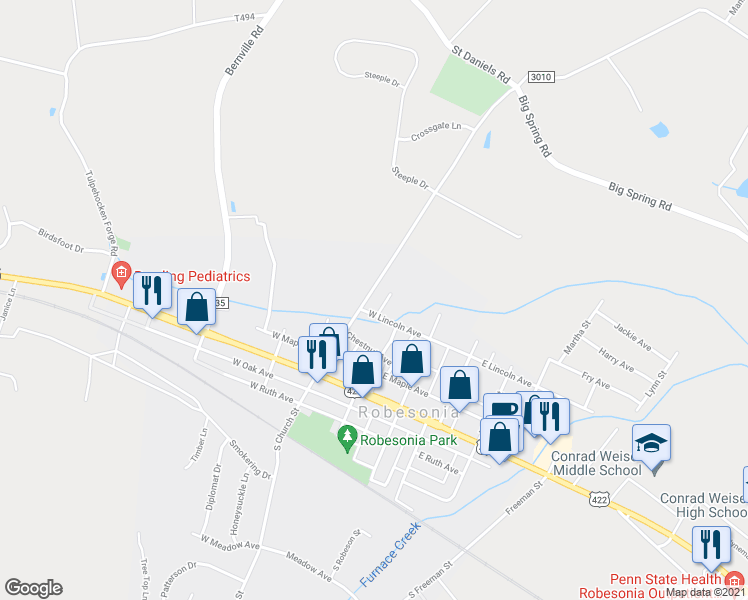 map of restaurants, bars, coffee shops, grocery stores, and more near 215 North Church Street in Robesonia