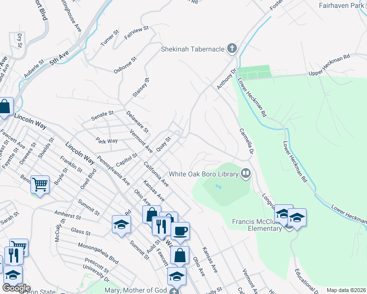 map of restaurants, bars, coffee shops, grocery stores, and more near 3200 Foster Road in White Oak