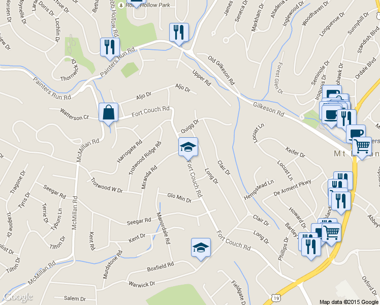 map of restaurants, bars, coffee shops, grocery stores, and more near 521 Long Drive in Pittsburgh