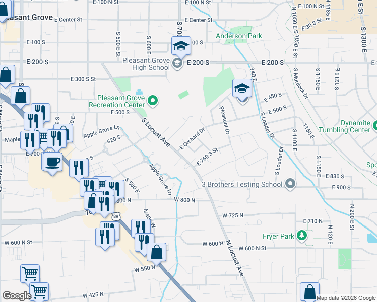 map of restaurants, bars, coffee shops, grocery stores, and more near 692 South Juniper Avenue in Pleasant Grove