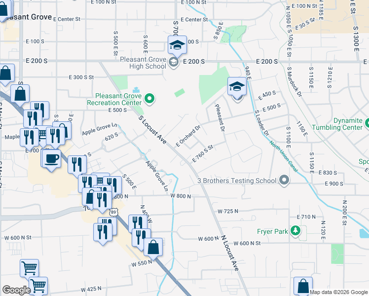 map of restaurants, bars, coffee shops, grocery stores, and more near 692 Juniper Street in Pleasant Grove