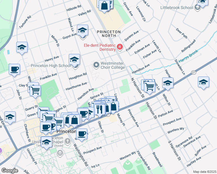 map of restaurants, bars, coffee shops, grocery stores, and more near 73 Maple Street in Princeton