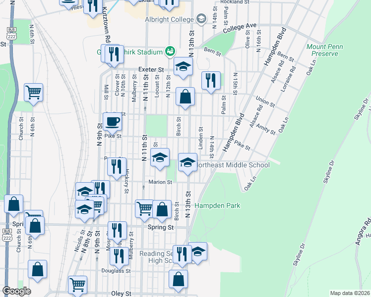 map of restaurants, bars, coffee shops, grocery stores, and more near 1330 North 13th Street in Reading