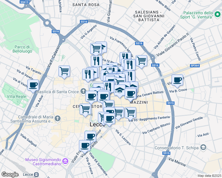 map of restaurants, bars, coffee shops, grocery stores, and more near 53-55 Via di Porcigliano in Lecce