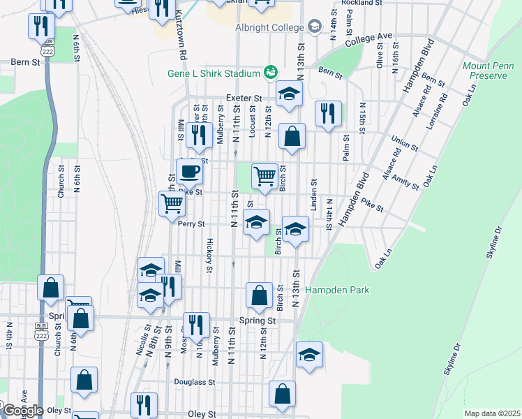 map of restaurants, bars, coffee shops, grocery stores, and more near 1363 North 12th Street in Reading