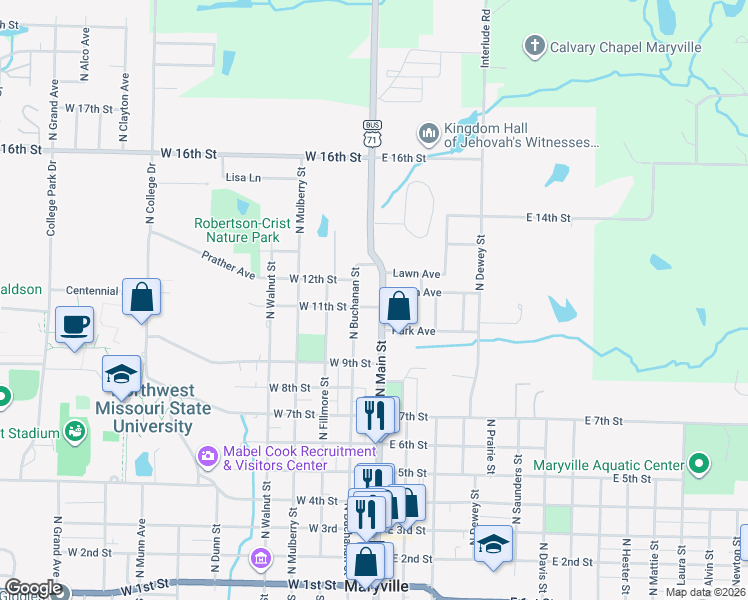 map of restaurants, bars, coffee shops, grocery stores, and more near 1121 North Buchanan Street in Maryville