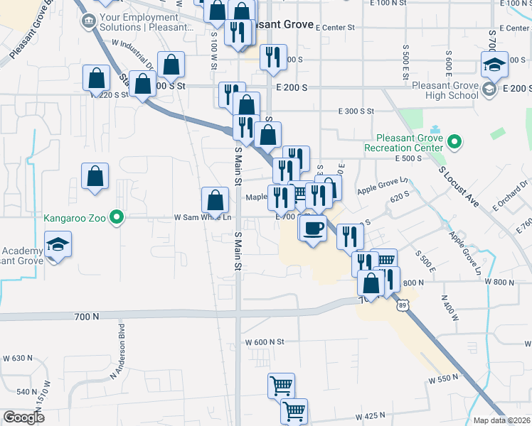 map of restaurants, bars, coffee shops, grocery stores, and more near 91 East 700 South in Pleasant Grove