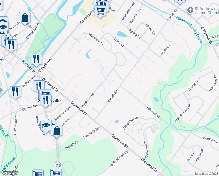 map of restaurants, bars, coffee shops, grocery stores, and more near 413 Surrey Court in Sellersville