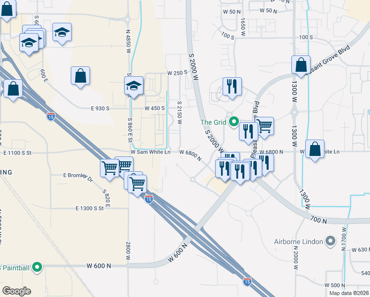 map of restaurants, bars, coffee shops, grocery stores, and more near 1972 West Grove Parkway in Pleasant Grove