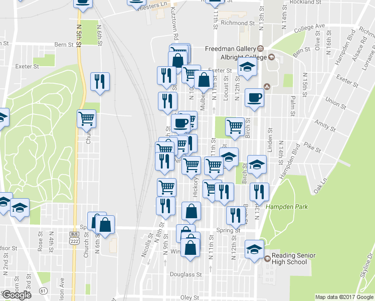 map of restaurants, bars, coffee shops, grocery stores, and more near 1330 North 10th Street in Reading