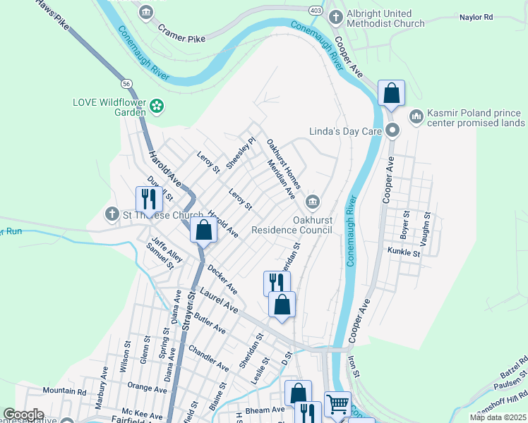 map of restaurants, bars, coffee shops, grocery stores, and more near 399 1/2 Beatrice Avenue in Johnstown